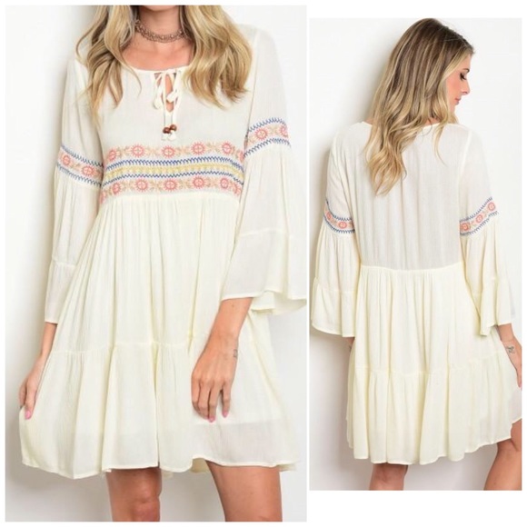 bchic_boutique Dresses & Skirts - Ivory Embroidered Bell Sleeve Dress